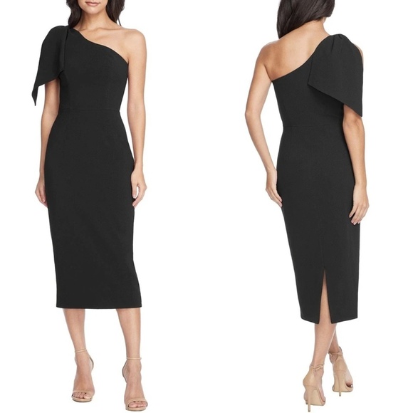 NWT Dress the Population Tiffany One Shoulder Bow Detail Midi Dress in Black - Picture 1 of 6